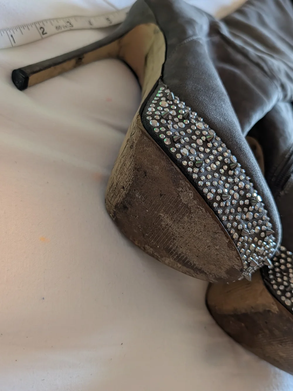 Over-the-Knee Gray Platform Stiletto Boots with Embellished Toe